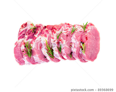 pork meat slices loin with seasoning isolated on white background, top view 89368699