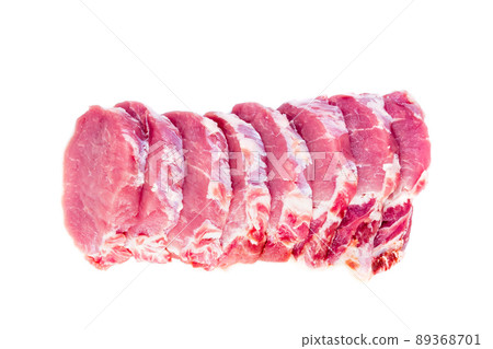 pork meat slices loin on white background, top view pork meat slices loin on white background, top view 89368701