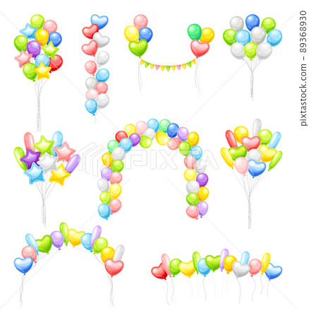 Bunches of colorful balloons set. Birthday party, wedding decor elements vector illustration 89368930