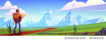 Hiker man on green meadow with mountains 89369228