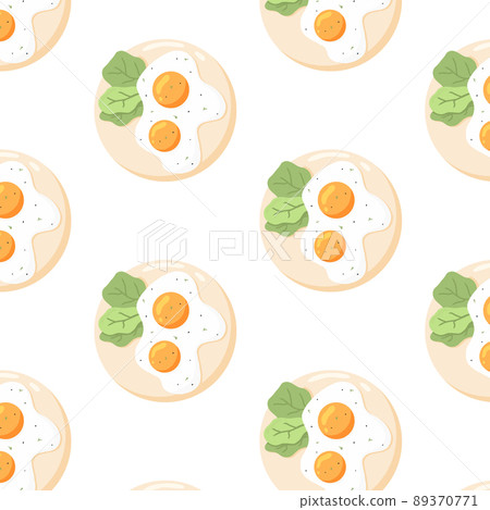Pattern with fried eggs. Seamless pattern with scrambled eggs and greens on a plate. Vector illustration in cartoon style. 89370771