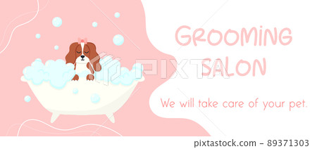 Grooming salon. Banner for grooming salon. Vector illustration in cartoon style. Cute spaniel in a bubble bath. Pet care. 89371303