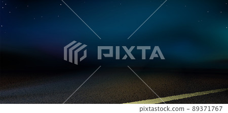 Outdoor asphalt background. Night road, light headlights, highway under the open starry sky. Vector 89371767