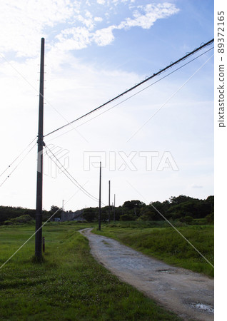 Utility poles line up along the dirt road on both sides of the grassland Utility poles line up along the dirt road on both sides of the grassland 89372165