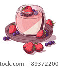 Panna cotta with strawberry and blueberry. Hand drawn vector illustration in cartoon style. Isolated on white background. Italian dessert. 89372200