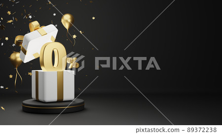 0% or zero percent in the with gift box with gold ribbon on podium and balloon on black background 3D render 89372238