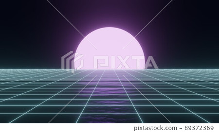 3d render, neon glowing retro wireframe with sun poster 3d render, neon glowing retro wireframe with sun poster 89372369