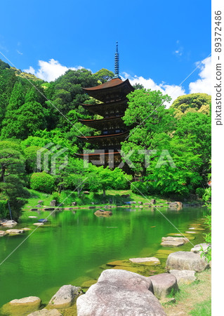 [Yamaguchi Prefecture] Fresh green Ruriko-ji Five-storied Pagoda and Tower Shadow Pond 89372486