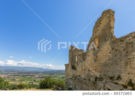 Ruins of Chateau du Marquis de Sade, overview to Calavon valley on sunny summer day, Vaucluse 89372863