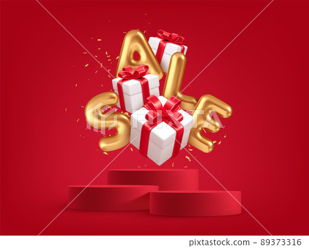 Realistic 3d gift boxes with red gift bows and Gold word Sale in the red background product podium scene and golden confetti. Vector illustration 89373316