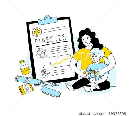 Mother help sugar test diabetes boy, insulin kit pen, blood sugar meter doodle style drawing. 89373508