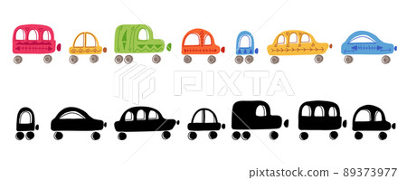 Find the correct shadow. children s educational game. Find right black silhouette for cars. Cartoon naive vans and transport with tribal decorations. 89373977