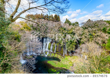 靜岡縣富士宮市早春的白絲瀑布和富士山 89374678