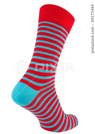 hipster turquoise sock with red stripes, on a white background, view from the side of the heel hipster turquoise sock with red stripes, on a white background, view from the side of the heel 89375494