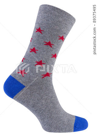 gray voluminous sock with a pattern of red stars, on a white background 89375495