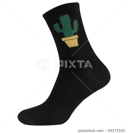 high black sock with a green cactus pattern, on a white background high black sock with a green cactus pattern, on a white background 89375503
