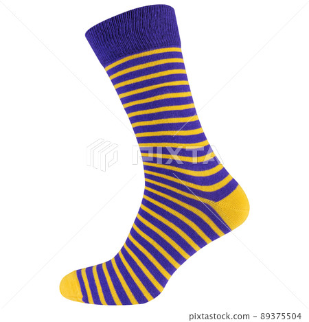 high hipster blue sock with yellow stripes, on a white background high hipster blue sock with yellow stripes, on a white background 89375504