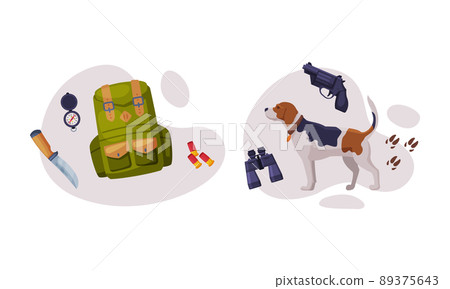 Green Packed Backpack with Knife and Dog Hound as Hunting Vector Set Green Packed Backpack with Knife and Dog Hound as Hunting Vector Set 89375643