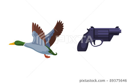 Pistol Handgun and Flying Wild Duck as Hunting Vector Set Pistol Handgun and Flying Wild Duck as Hunting Vector Set 89375646