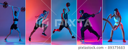Set of portraits of professional sportsmen in sports uniform isolated on multicolored background in neon light. Flyer. Advertising, sport life concept 89375683