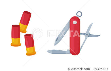 Penknife with Steel Blade and Bullet as Hunting Accessory Vector Set Penknife with Steel Blade and Bullet as Hunting Accessory Vector Set 89375684