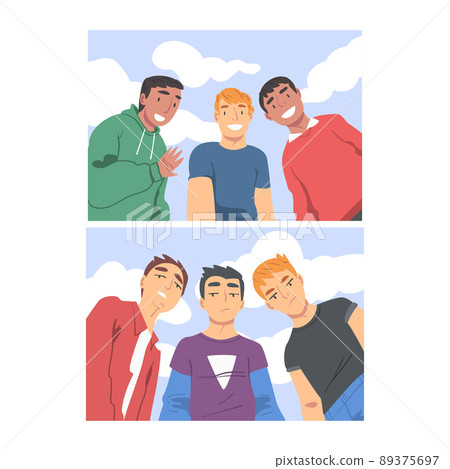Group of Young Smiling Man Looking at Camera from Above Making Selfie Vector Set 89375697
