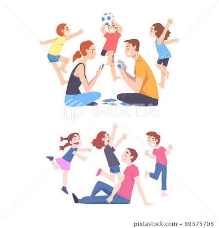 Calm Parents and Mischievous Children Running Around Them Vector Set Calm Parents and Mischievous Children Running Around Them Vector Set 89375708