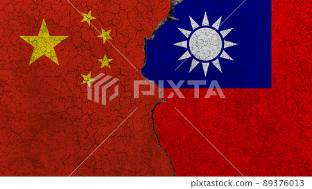 China vs versus Taiwan, China prepares for the invasion of Taiwan, two flags and an old wall on background 89376013