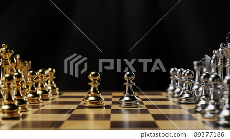 Gold and silver chess figures placed on chessboard. 3D rendering illustration. Gold and silver chess figures placed on chessboard. 3D rendering illustration. 89377186