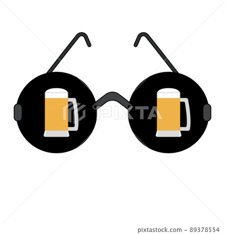 Black round glasses with two full mugs of beer. Vector illustration, icon isolated on white background. 89378554