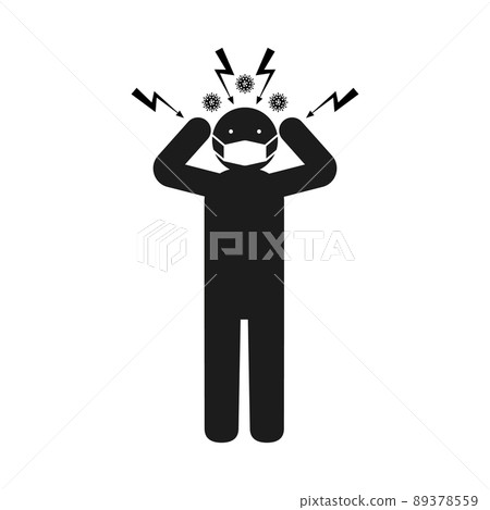 Silhouette of a man in a medical mask holds his head with his hands. Lightning bolts and coronavirus bacteria. The concept of stress and anxiety due to the covid epidemic. Vector illustration. 89378559