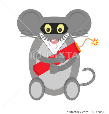 The gray mouse is a terrorist, bandit and robber in a black mask with dynamite in his paws. Vector illustration. 89378560