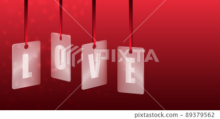 Love. Translucent glass or plastic cards with letters on red silk ribbons on a red background. Space for text. Vector illustration. Love. Translucent glass or plastic cards with letters on red silk ribbons on a red background. Space for text. Vector illustration. 89379562