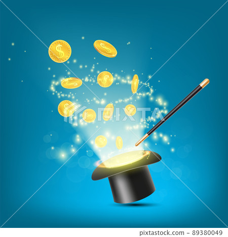 Gold coins dollars fly out of the magic hat. Gold coins dollars fly out of the magic hat. 89380049
