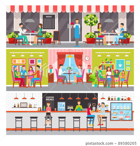 Modern Cafe or Bar Interior and Summer Terrace Set Modern Cafe or Bar Interior and Summer Terrace Set 89380205