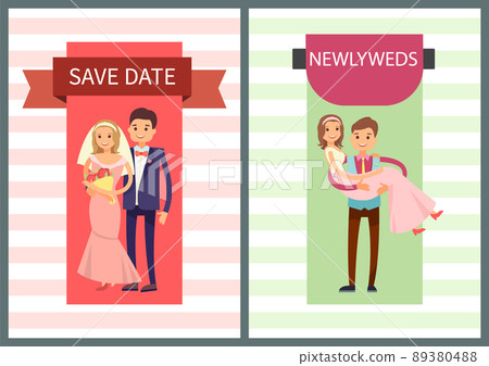 Save Date and Newlyweds Set Vector Illustration 89380488