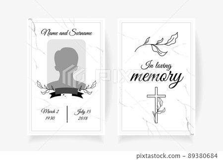 Funeral card template design with branches place under photo cross name and dates of death. Vector illustration in black and white Funeral card template design with branches place under photo cross name and dates of death. Vector illustration in black and white 89380684