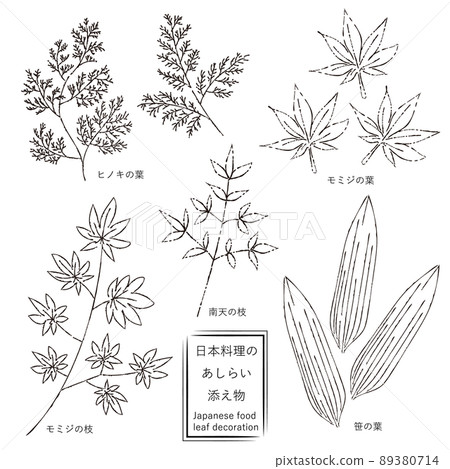 Japanese cuisine leaves with monochrome line drawing characters 89380714