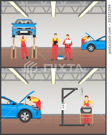 Suspended Car on Stand and Engine Service Banner Suspended Car on Stand and Engine Service Banner 89381094