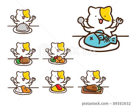 Handwritten style illustration set of cute cat characters trying to eat various dishes 89381632