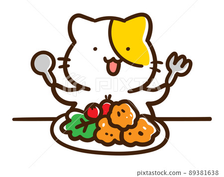 一個可愛的貓角色吃炸雞的手寫風格插圖 89381638