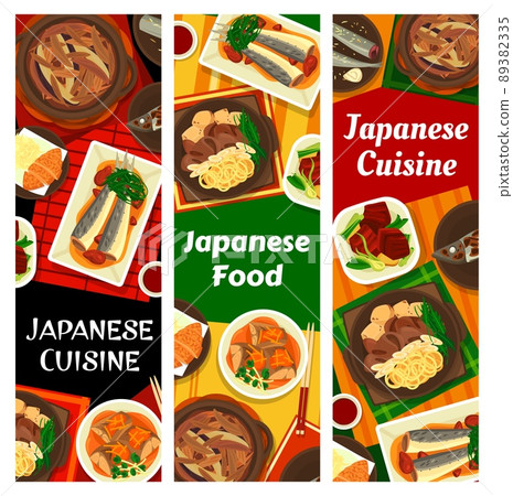 Japanese food banners, Asian cuisine and Japan restaurant menu vector covers. Traditional Japanese fish and meat with miso and sukiyaki sauce, mackerel saba and sardine fish, stewed beef and pork 89382335