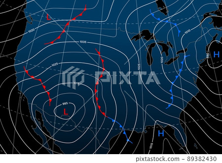 Forecast weather isobar night map of Northern America, meteorology wind fronts vector diagram. North America map with weather forecast and temperature isobar with pressure and wind charts 89382430