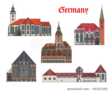 Germany, Augsburg, Torgau, Mortizburg and Naumburg architecture buildings, vector landmarks. German Bavaria and Saxony buildings of St Mary Church and cathedral, castle and Wenzel city church Germany, Augsburg, Torgau, Mortizburg and Naumburg architecture buildings, vector landmarks. German Bavaria and Saxony buildings of St Mary Church and cathedral, castle and Wenzel city church 89382469