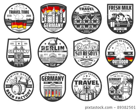 Travel to Germany vector icons, German famous landmarks, sightseeing, architecture and touristic attractions. Travel agency isolated labels, european city tours to ski resort, beer factory, monuments 89382501