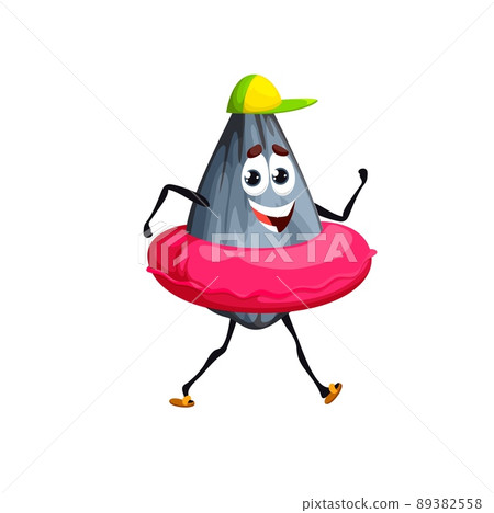 Cartoon sunflower seed with floater ring on summer vacation. Funny vector character wear cap walk with inflatable ring for relaxing in pool or ocean beach. Personage on holiday recreation Cartoon sunflower seed with floater ring on summer vacation. Funny vector character wear cap walk with inflatable ring for relaxing in pool or ocean beach. Personage on holiday recreation 89382558
