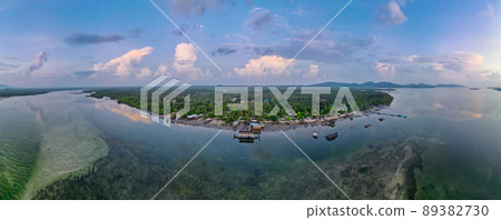 Panorama and aerial view of bay of Phra Thong island in southern part of Thailand show blue sky Panorama and aerial view of bay of Phra Thong island in southern part of Thailand show blue sky 89382730