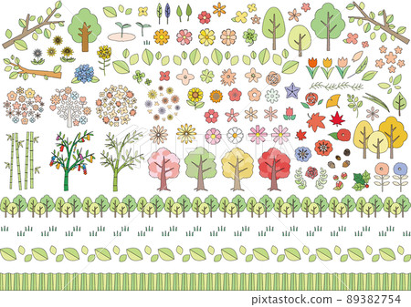 花/植物圖標和線集線描+顏色 89382754