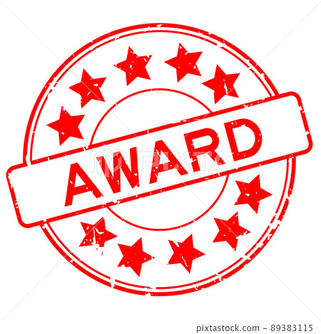 Grunge red award word with star icon round rubber seal stamp on white background 89383115