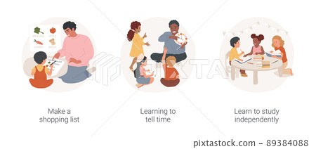Social skills development in kindergarten isolated cartoon vector illustration set. Make a shopping list, learning to tell time, learn to study independently, preschool education vector cartoon. 89384088